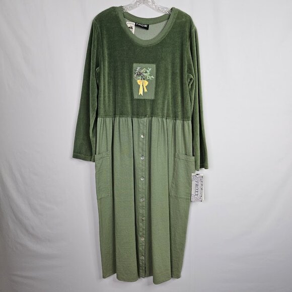 NWT Vintage FROXX Midi Dress GREEN w BLUE Floral YELLOW Bow size L Velour Cotton - Picture 2 of 11